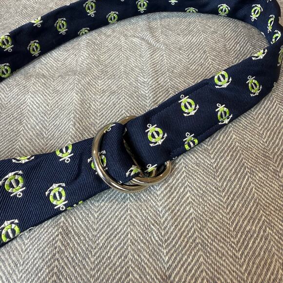 J. Crew Silk Belt Navy Blue Green Anchor Nautical S M Women's D Ring Adjustable - Picture 4 of 6